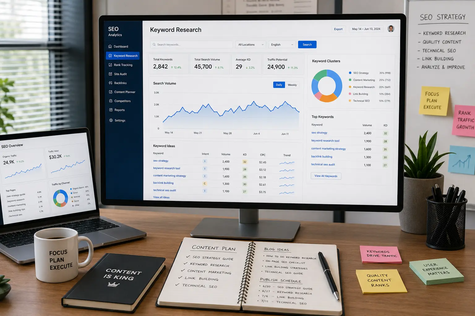 Keyword research tool dashboard showing search volume and SEO analytics