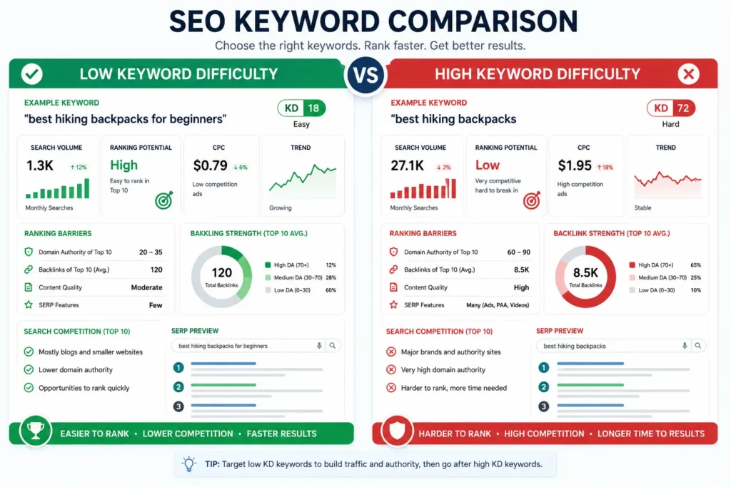 Easy vs difficult SEO keywords comparison chart