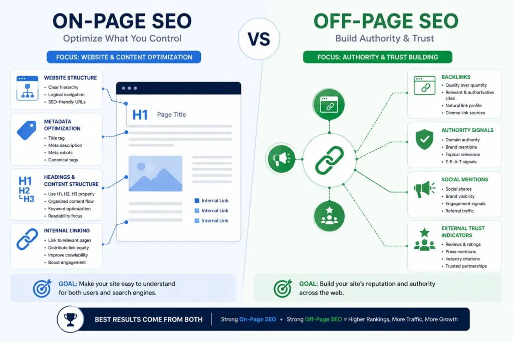 Visual comparison between on page SEO and off page SEO