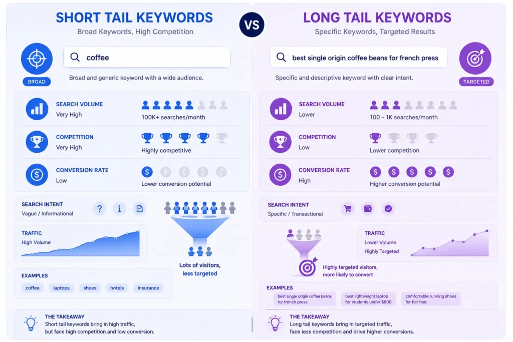 Visual comparison between short tail and long tail keywords in SEO